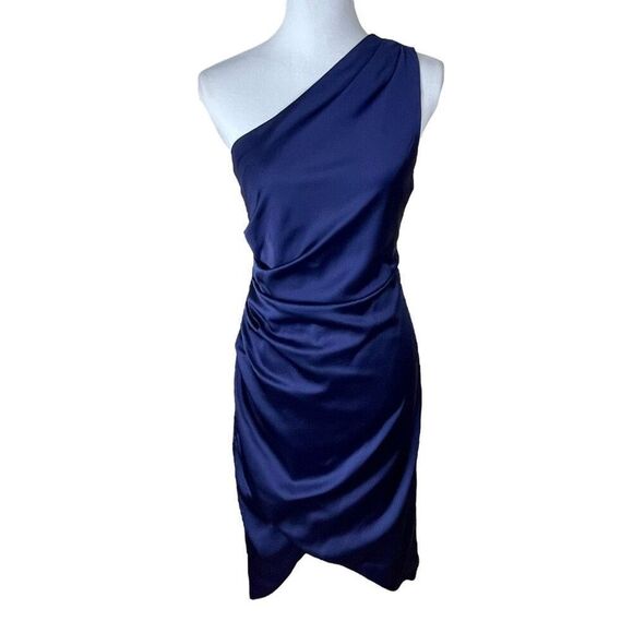 Banana Republic Factory One Shoulder Satin Knee Length Dress Patriot Blue Size 2 - Picture 1 of 12